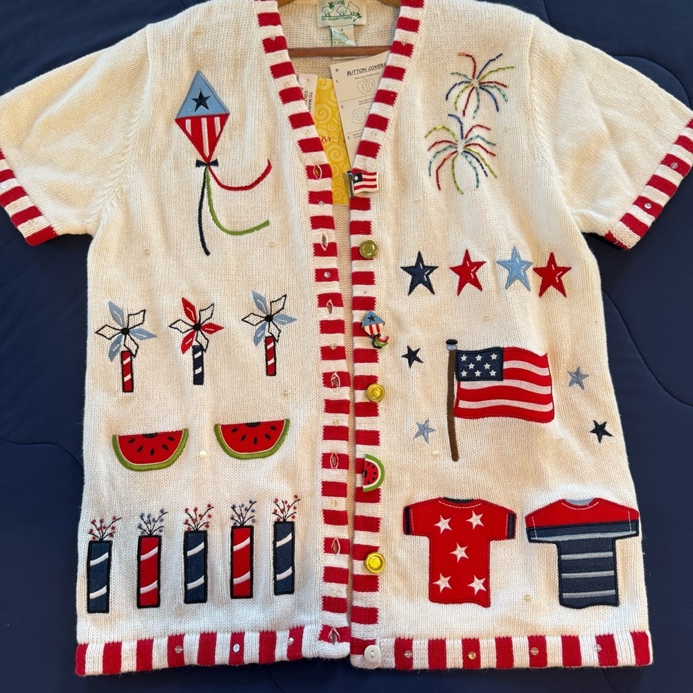 Quacker Factory 4th of July Embroidered Short Sleeve Cardigan, NWT, Sized S